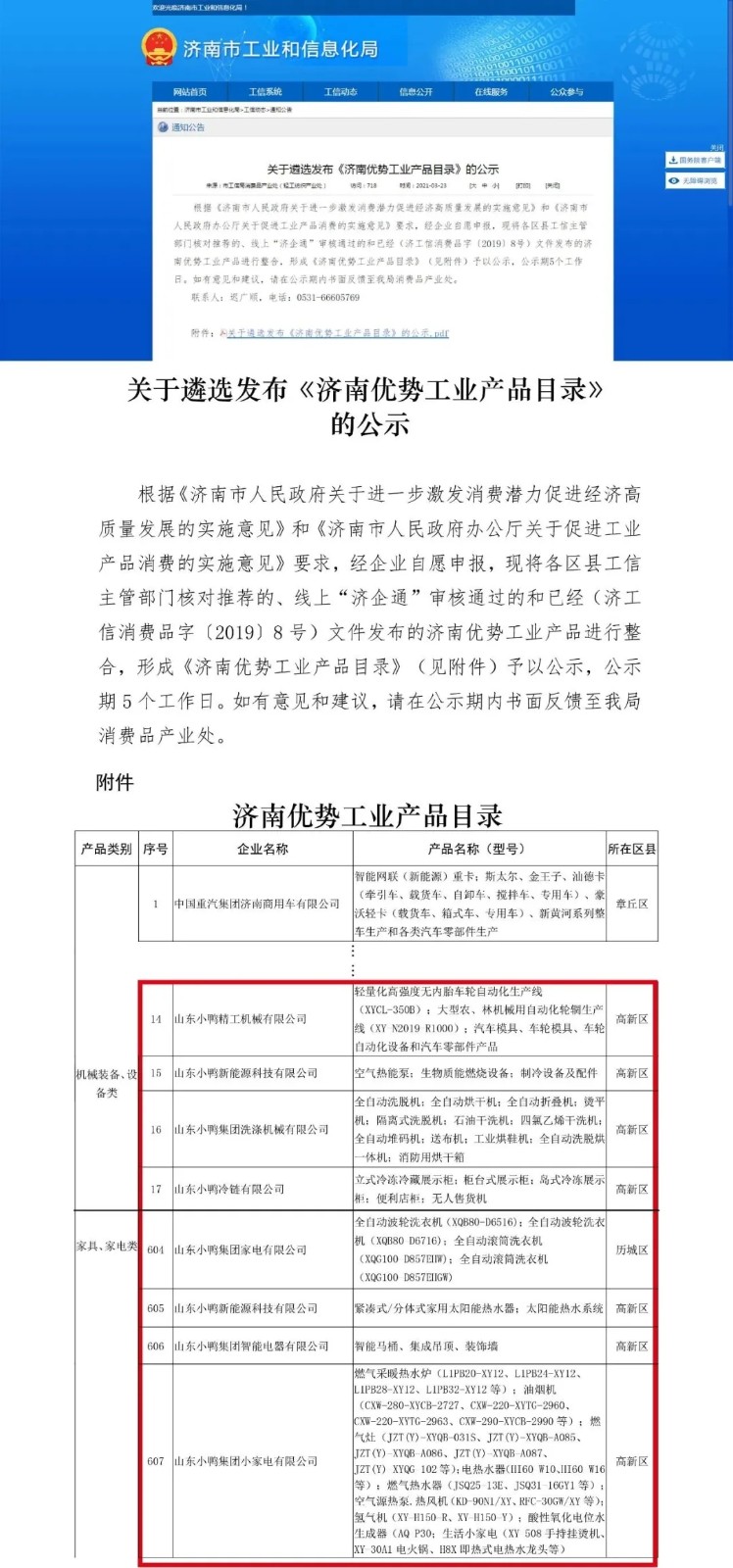 山東小鴨集團家電有限公司入選《濟南市優勢工業產品目錄》